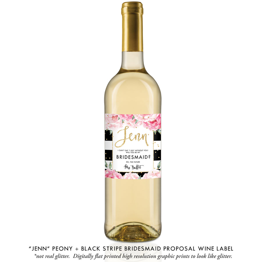 "Jenn" Peony + Black Stripe Bridesmaid Proposal Wine Labels