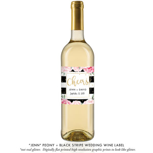 "Jenn" Peony + Black Stripe Wedding Wine Label