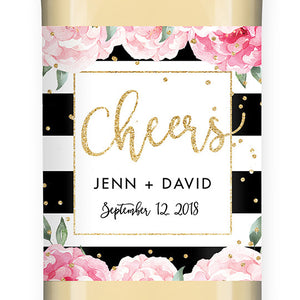 "Jenn" Peony + Black Stripe Wedding Wine Label