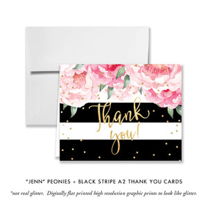 "Jenn" Peonies + Black Stripe Thank You Card