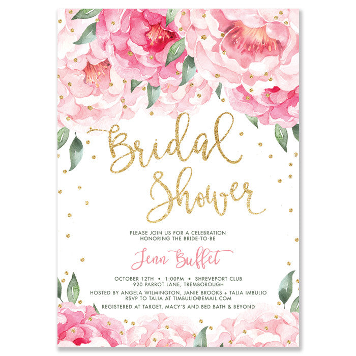 Soft peony pink and gold bridal shower invitations, with a beautiful white backer adorned with pink peonies in full bloom. 