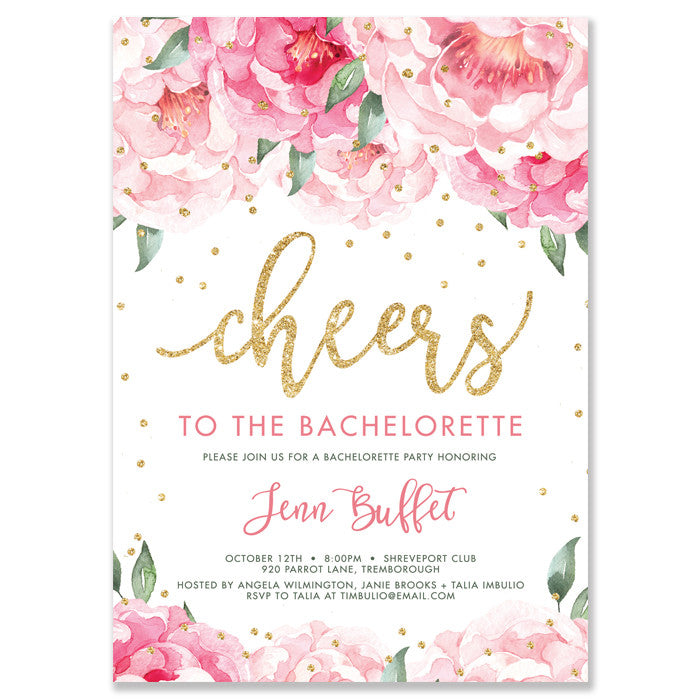 "Jenn" Pink Blooms + Gold Bachelorette Invitation