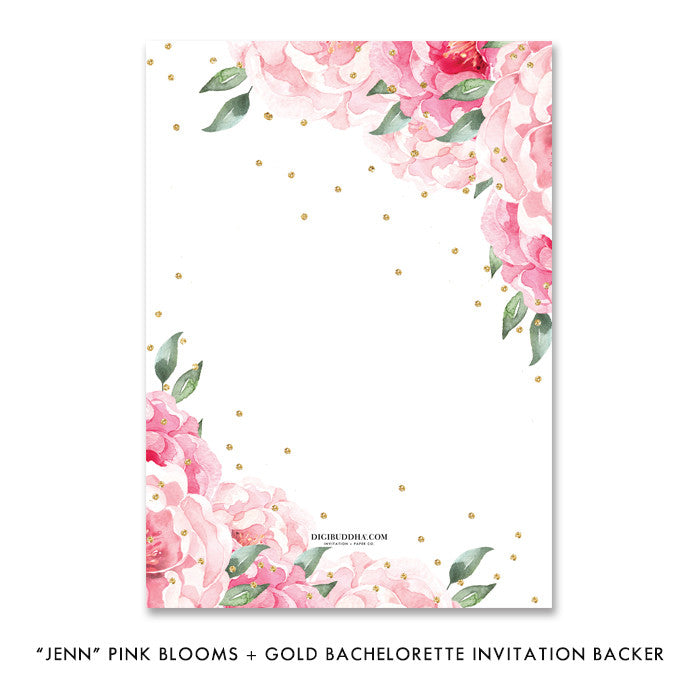 "Jenn" Pink Blooms + Gold Bachelorette Invitation