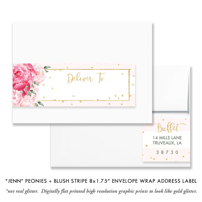 "Jenn" Peonies + Blush Stripe Envelope Wrap Address Labels