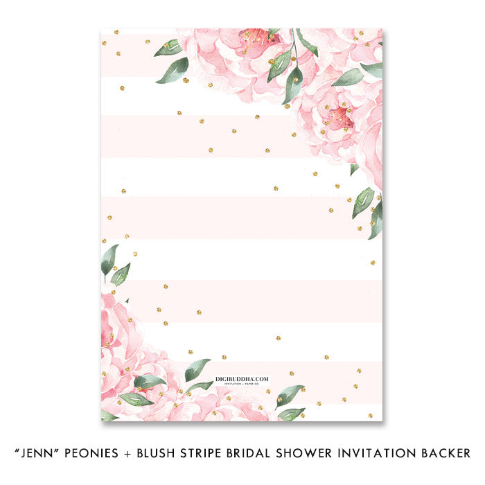 Elegant Peony Blush and Gold Bridal Shower Invitations featuring blush peonies, pink stripes, and a chic and delicate design
