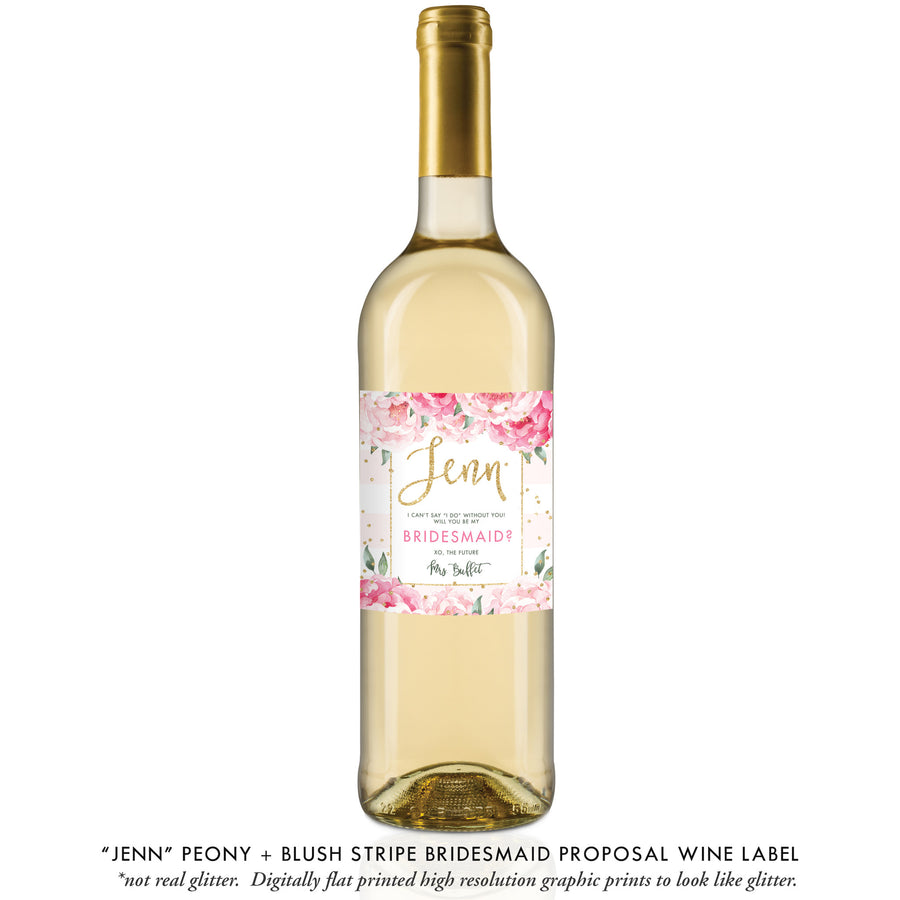 "Jenn" Peony + Blush Stripe Bridesmaid Proposal Wine Labels