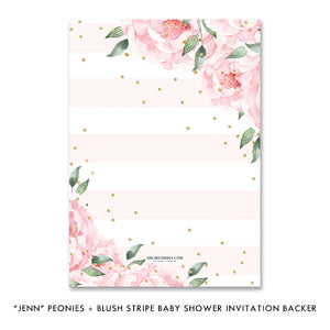 "Jenn" Peonies + Blush Stripe Baby Shower Invitation