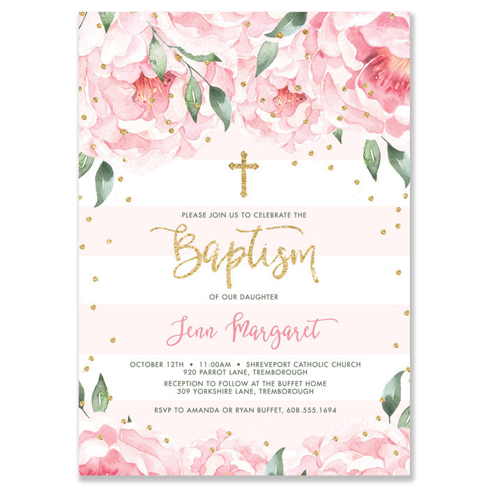 "Jenn" Peonies + Blush Stripe Baptism Invitation