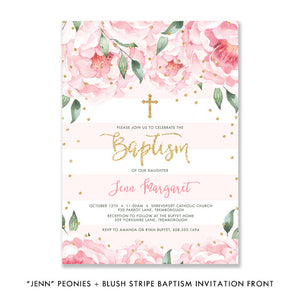 "Jenn" Peonies + Blush Stripe Baptism Invitation