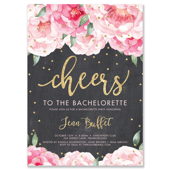 "Jenn" Pink Blooms + Chalkboard Bachelorette Invitation