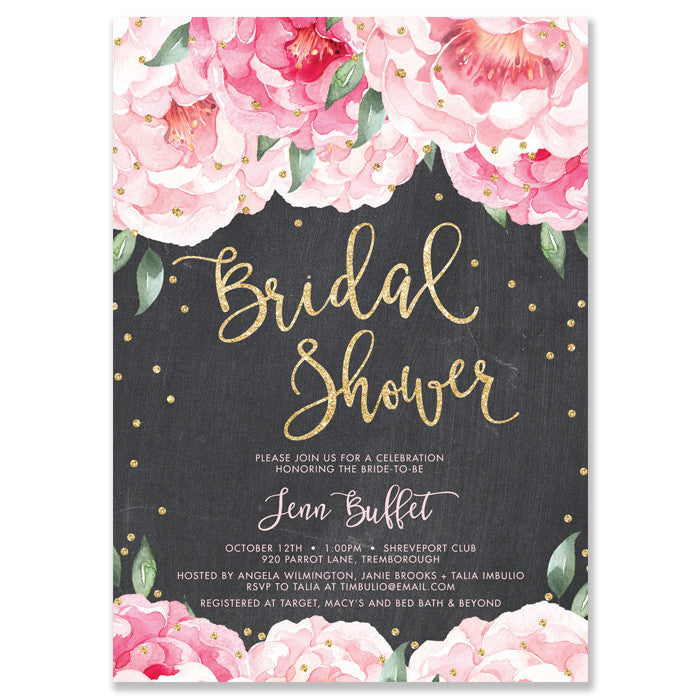 "Jenn" Pink Blooms + Chalkboard Bridal Shower Invitation