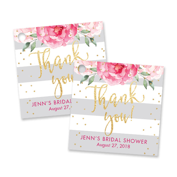 "Jenn" Peonies + Gray Stripe Bridal Shower Favor Tags