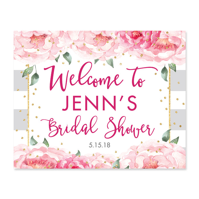"Jenn" Peonies + Gray Stripe Bridal Shower Welcome Sign