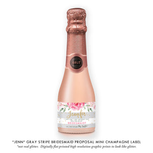 "Jenn" Gray Stripe Bridesmaid Proposal Champagne Labels