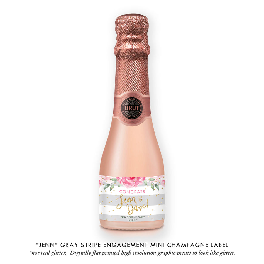 "Jenn" Gray Stripe Engagement Champagne Labels