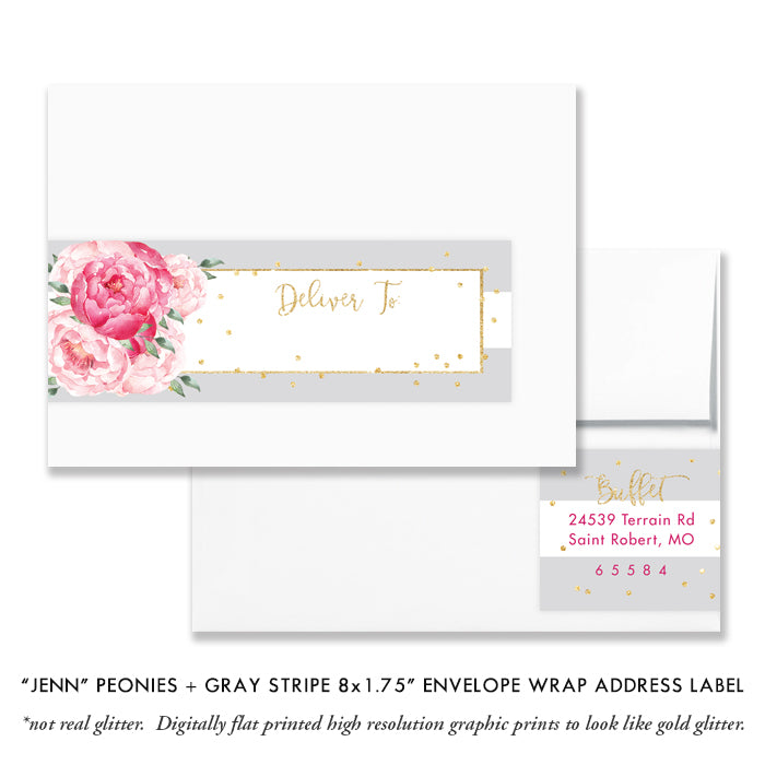 "Jenn" Peonies + Gray Stripe Envelope Wrap Address Labels
