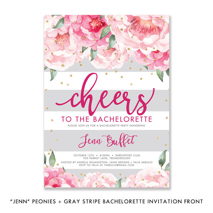 "Jenn" Peonies + Gray Stripe Bachelorette Invitation