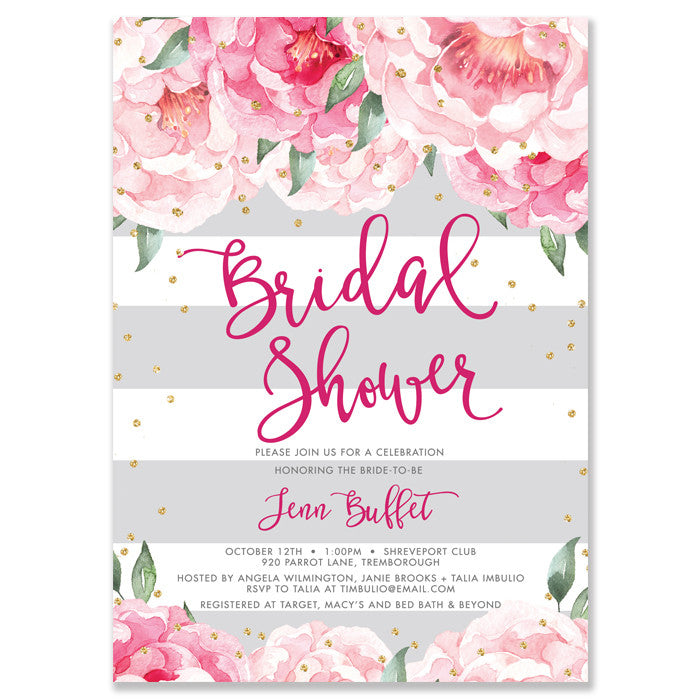 Elegant pink peonies and gray stripe bridal shower invitation with chic design and bright pink font.