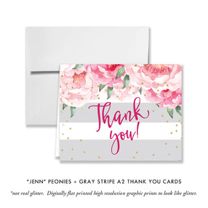 Elegant pink peonies and gray stripe bridal shower invitation with chic design and bright pink font.