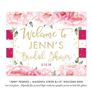 Elegant peonies and magenta stripe bridal shower invitation, featuring blush peonies and chic design.
