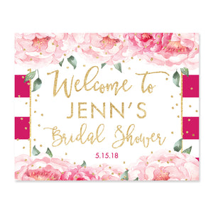 "Jenn" Peonies + Magenta Stripe Bridal Shower Welcome Sign