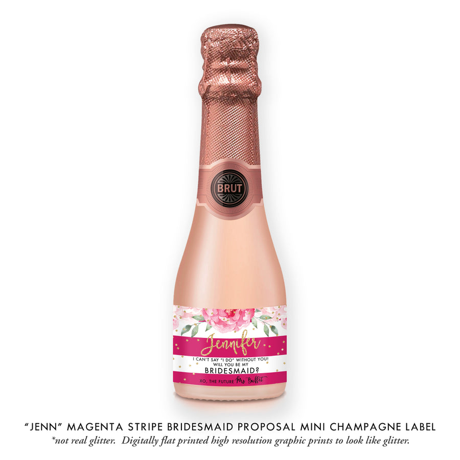 "Jenn" Magenta Stripe Bridesmaid Proposal Champagne Labels