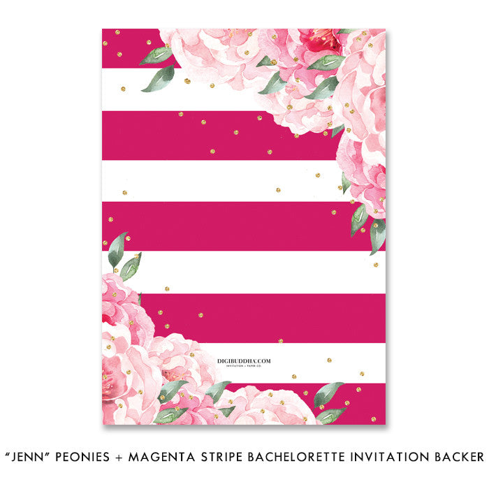 "Jenn" Peonies + Magenta Stripe Bachelorette Invitation