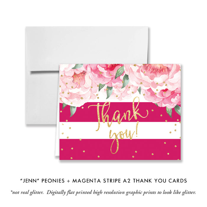 "Jenn" Peonies + Magenta Stripe Thank You Card