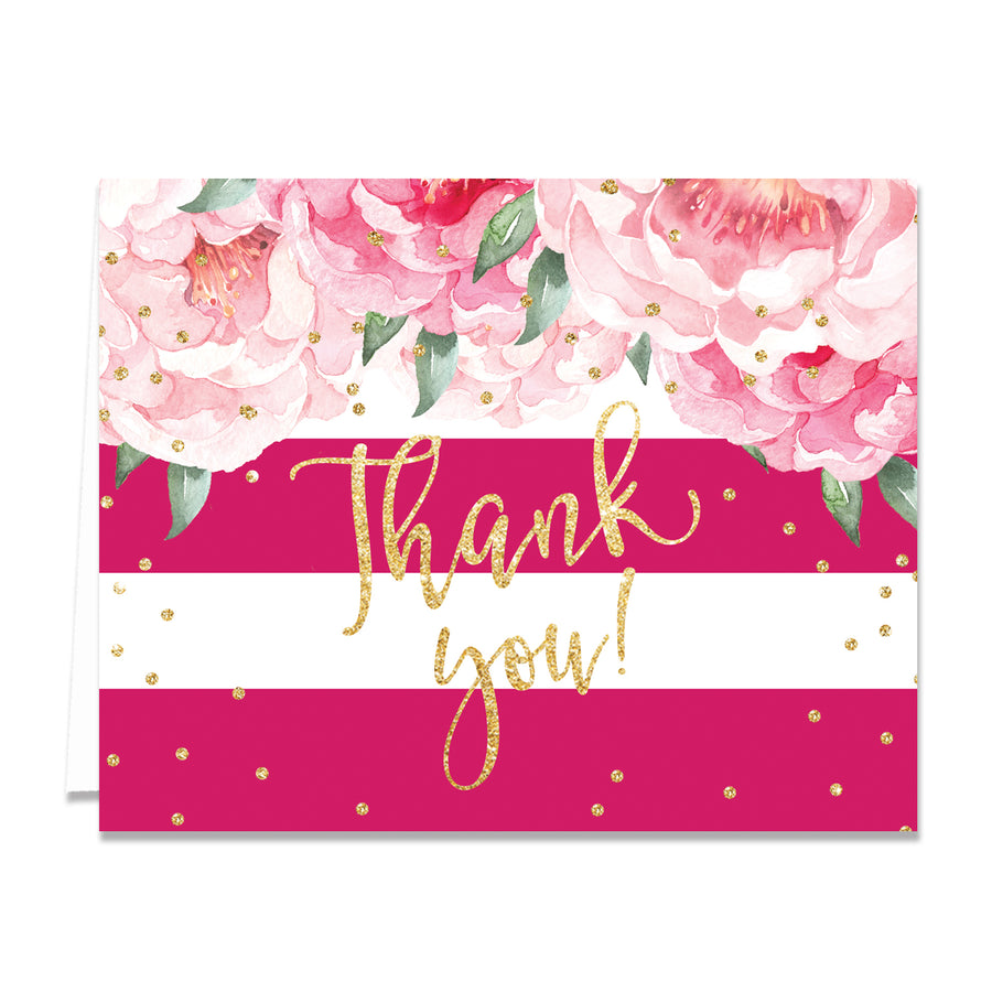 "Jenn" Peonies + Magenta Stripe Thank You Card