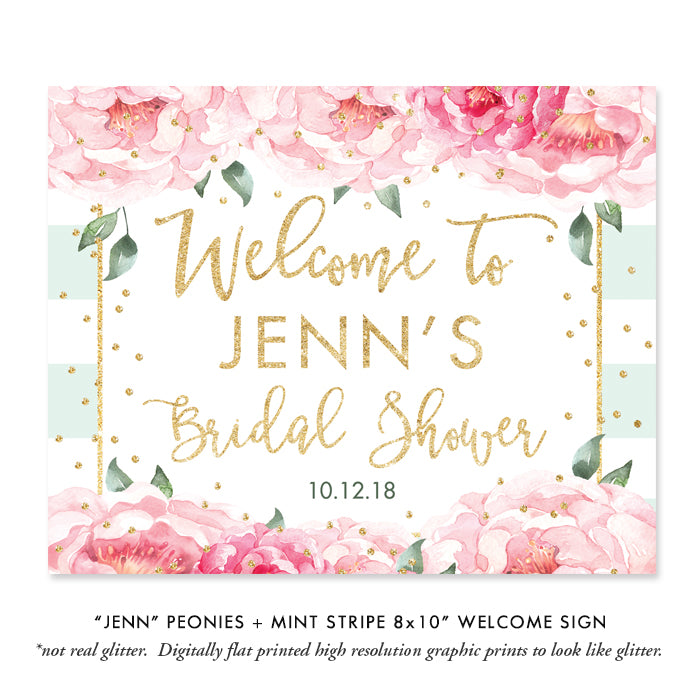 Elegant Peony Mint and Gold Bridal Shower Invitations with blush peonies and chic mint stripes, by Digibuddha.