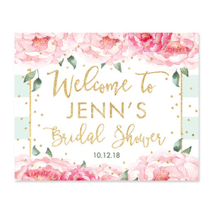 "Jenn" Peonies + Mint Stripe Bridal Shower Welcome Sign