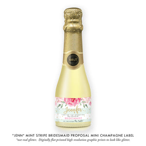 "Jenn" Mint Stripe Bridesmaid Proposal Champagne Labels