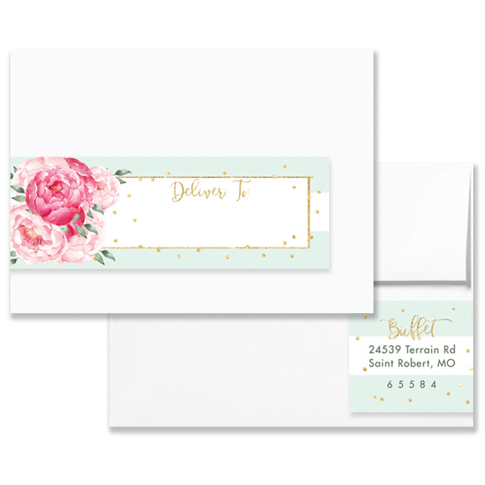 "Jenn" Peonies + Mint Stripe Envelope Wrap Address Labels