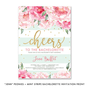 "Jenn" Peonies + Mint Stripe Bachelorette Invitation