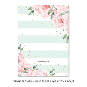 "Jenn" Peonies + Mint Stripe Kids Birthday Invitation