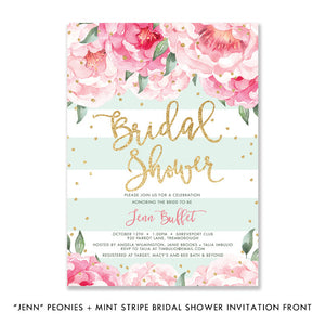Elegant Peony Mint and Gold Bridal Shower Invitations with blush peonies and chic mint stripes, by Digibuddha.