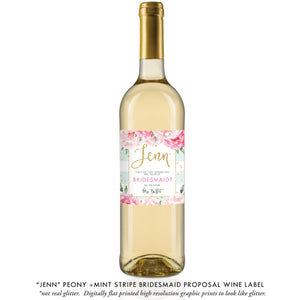 "Jenn" Peony + Mint Stripe Bridesmaid Proposal Wine Labels