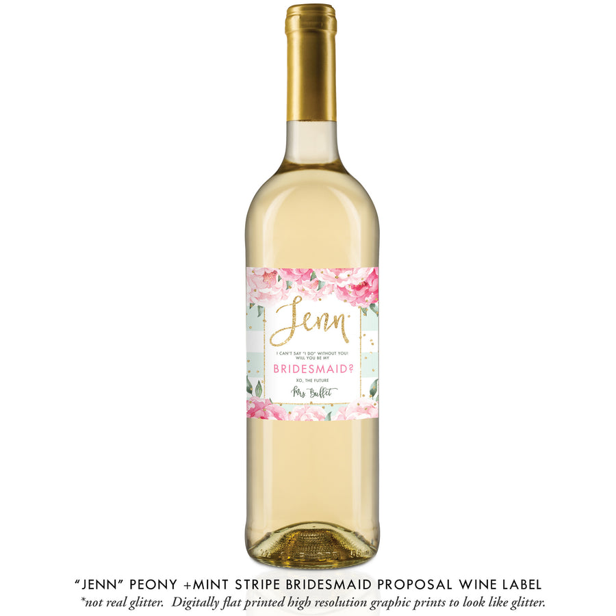 "Jenn" Peony + Mint Stripe Bridesmaid Proposal Wine Labels