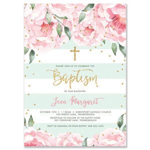 "Jenn" Peonies + Mint Stripe Baptism Invitation