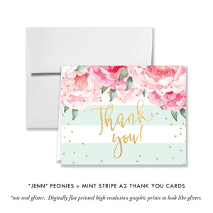 "Jenn" Peonies + Mint Stripe Thank You Card