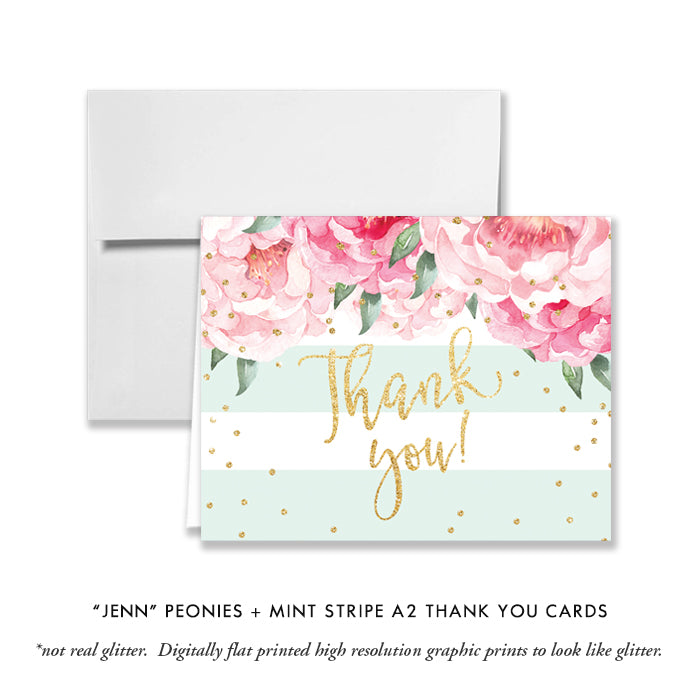 "Jenn" Peonies + Mint Stripe Thank You Card