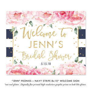 Classic Navy Stripe and Peonies Bridal Shower Invitations, with modern navy blue & white stripes and elegant pink peonies