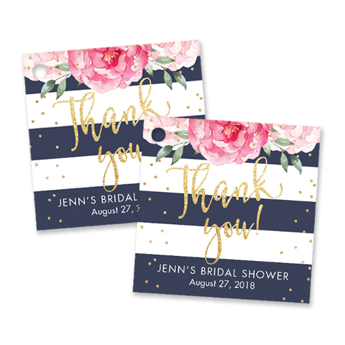 "Jenn" Peonies + Navy Stripe Bridal Shower Favor Tags