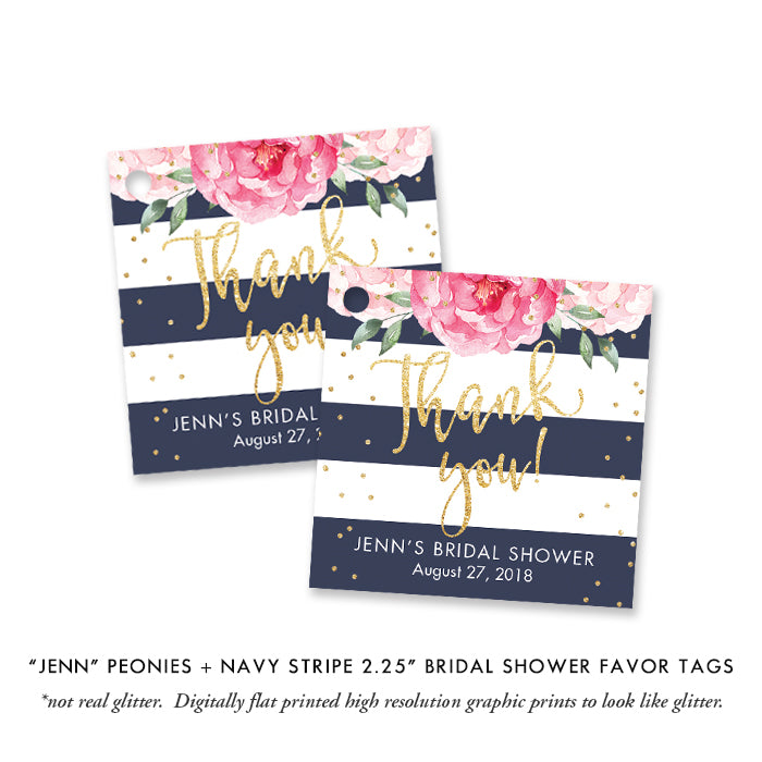 Classic Navy Stripe and Peonies Bridal Shower Invitations, with modern navy blue & white stripes and elegant pink peonies