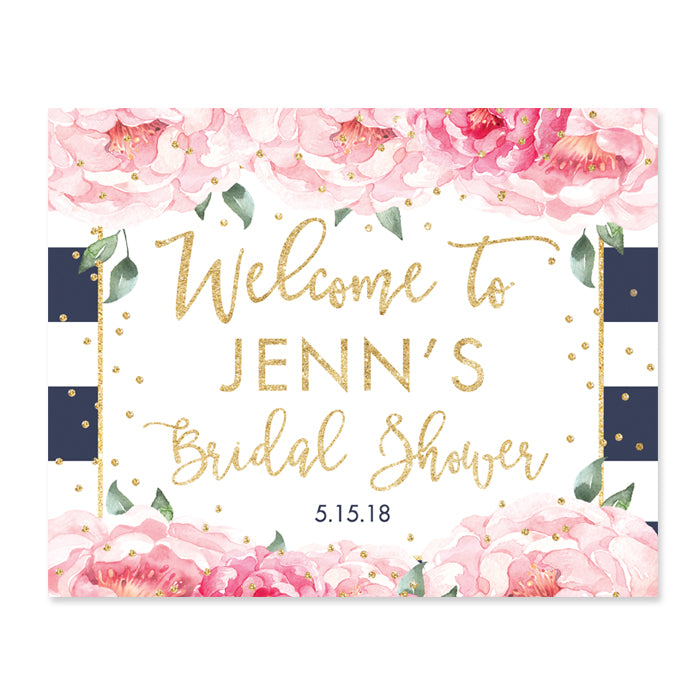 "Jenn" Peonies + Navy Stripe Bridal Shower Welcome Sign