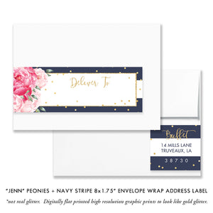 "Jenn" Peonies + Navy Stripe Envelope Wrap Address Labels