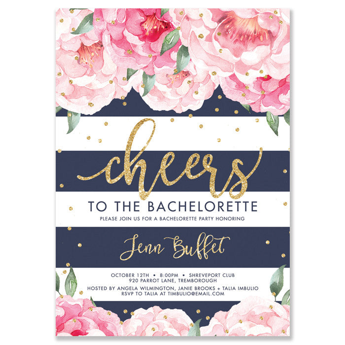 "Jenn" Peonies + Navy Stripe Bachelorette Invitation