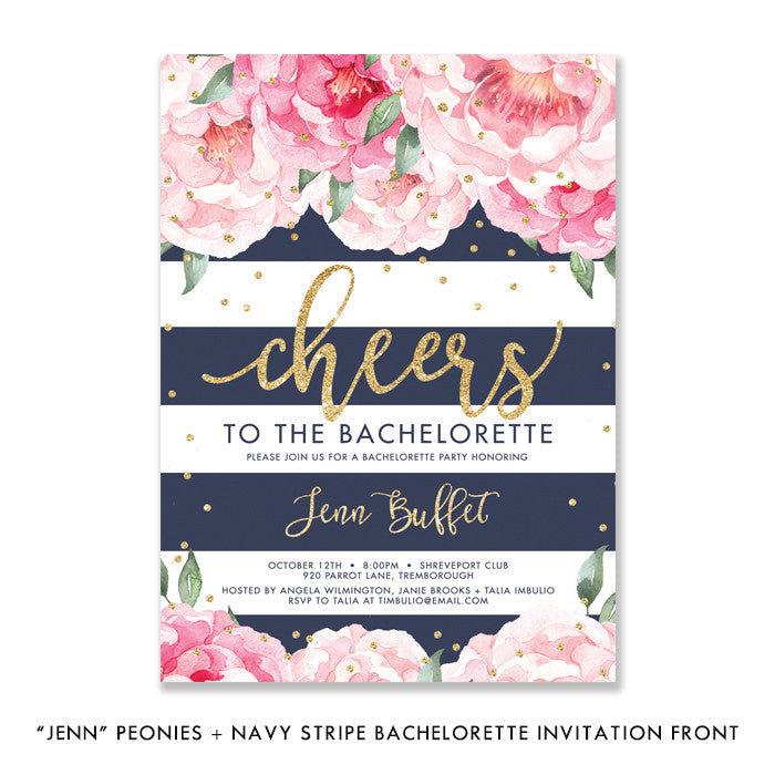"Jenn" Peonies + Navy Stripe Bachelorette Invitation