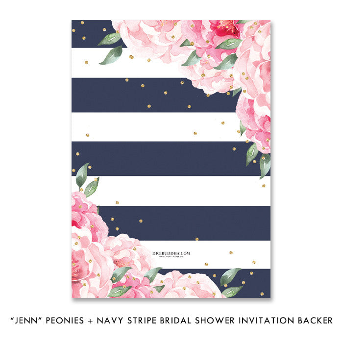Classic Navy Stripe and Peonies Bridal Shower Invitations, with modern navy blue & white stripes and elegant pink peonies
