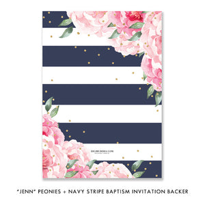 "Jenn" Peonies + Navy Stripe Baptism Invitation